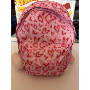 Girls Valentines Mini Backpack - Pink And Red Hearts With Pompom - NEW